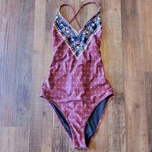 Cupshe Never Separate Burgundy Tribal Print Lace Up Back One-Piece Swimsuit